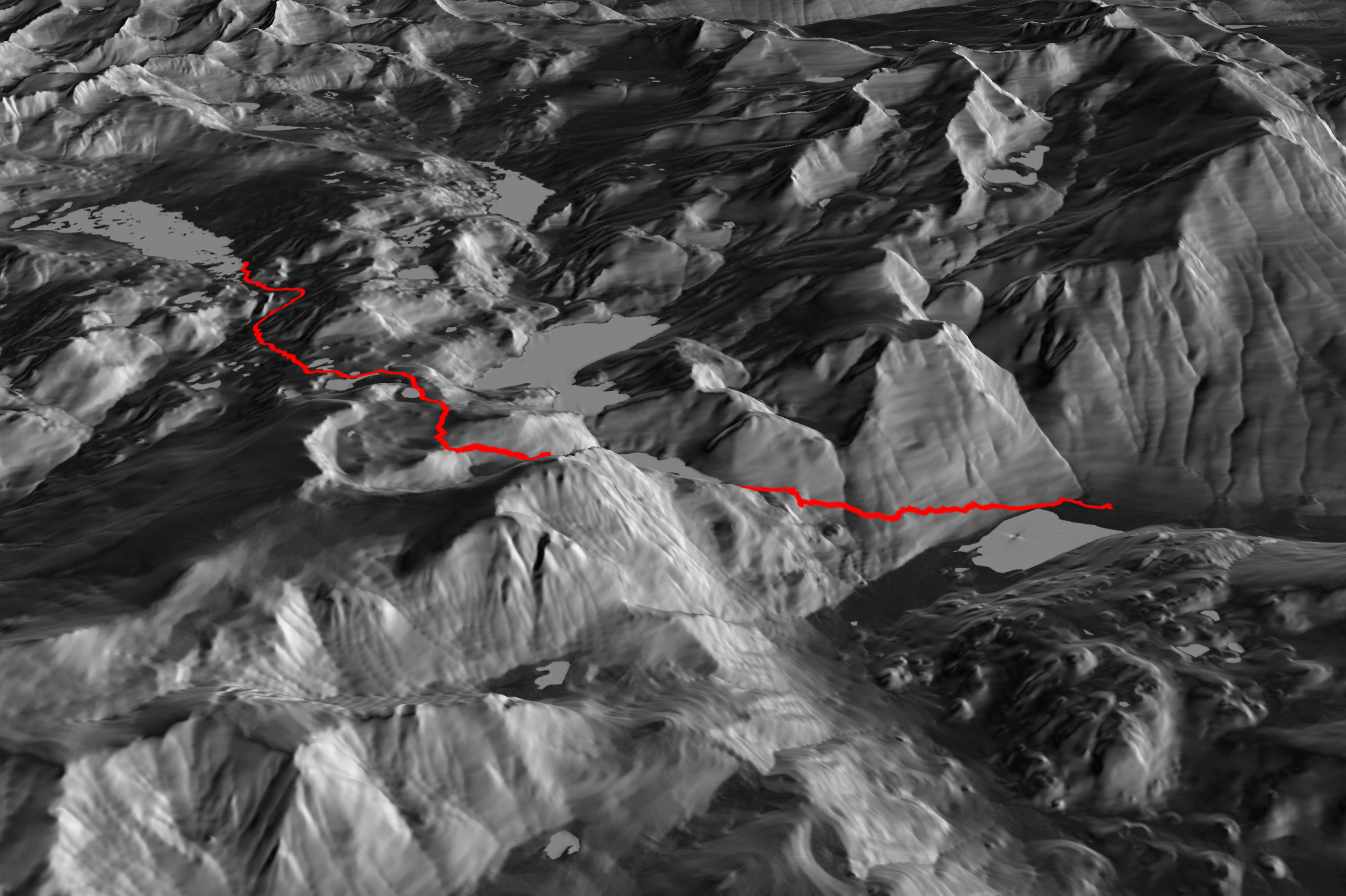 Our route up to Thousand Island Lake, traced with red